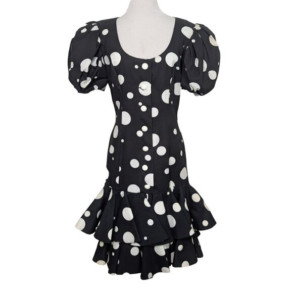 Victor Costa Dresses & Skirts - Vintage 80s Victor Costa Dress Womens Size 8 Black Polka Dot Puff Sleeve Party